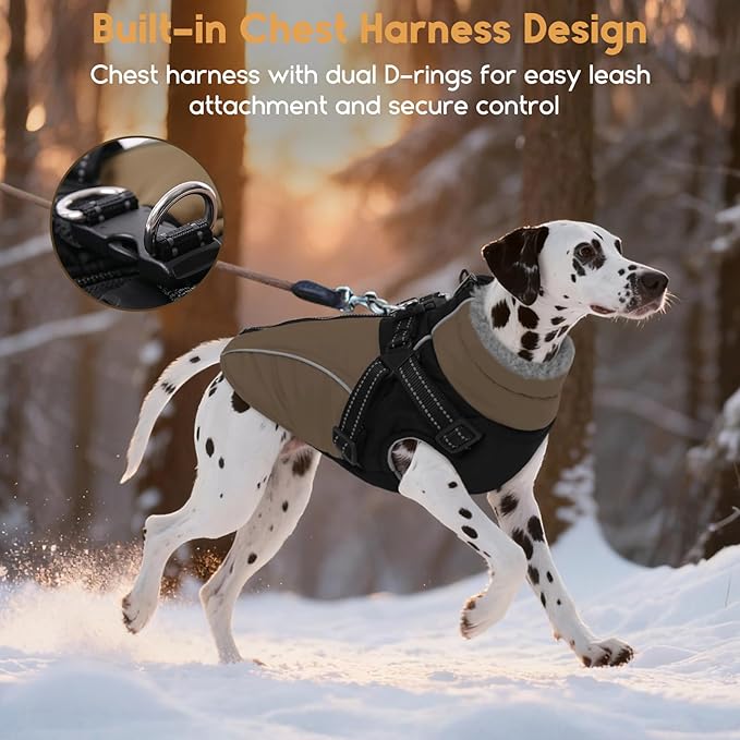 ASENKU Reflective Dog Coat with Built-in Harness, Windproof Fleece-Lined Dog Jacket for Small, Medium, Large Dogs, Warm Winter Vest with Turtleneck & Zipper (Khaki M)