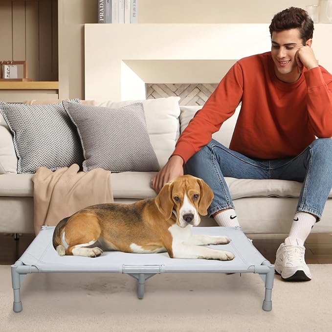 Love&go Elevated Dog Bed with Metal Frame, Cooling Raised Pet Cot for Dog and Cat (Medium-29.9x19.5x5.5 inch, M - Grey Bed)