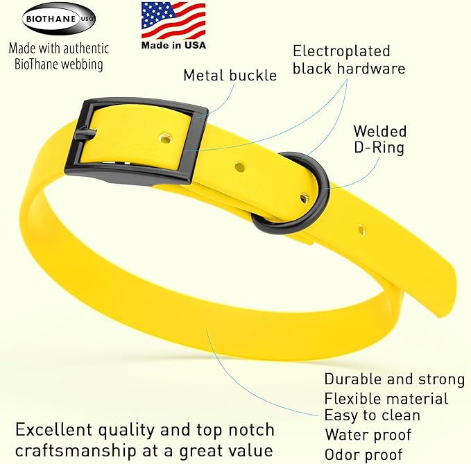 Dogline Biothane Coated Webbing Dog Collar with Black Metal Hardware: Durable Easy-Clean Everyday Collar for Dogs - Comfortable Adjustable Odor-Resistant Pet Collar, W5/8" x L12-15, Lemon Yellow