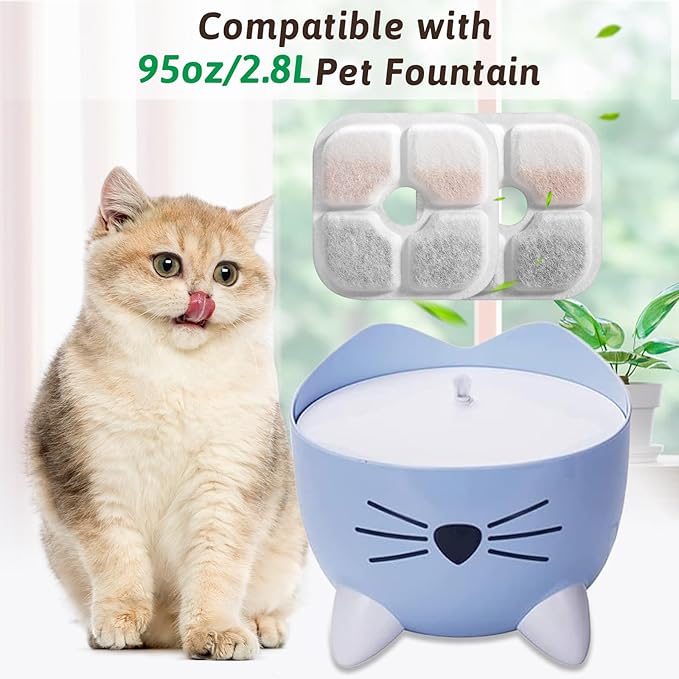 Cat Water Fountain Replacement Filters Fit for 2.5L Fountain with Whiskers Pattern Triple Action Water Pet Cat Drinking Fountain Filter Pack of 16
