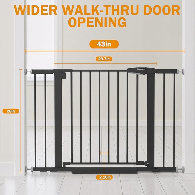 Baby Gate for Stairs, 29.7-43" Auto Close Dog Gate for Doorways & Hallways, Pressure Mounted Pet Gate with Walk Thru Door, Easy Install Safety Gate for Children & Pets, No Drilling, Dual-Lock Design