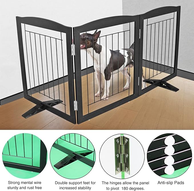 ZJSF Freestanding Dog Fence Indoor, Foldable Dog Gate for Doorways, Stairs or Hallways, Sturdy Wood Extra Wide Pet Gate with Support Feet for The House, Black, 24 "Height-3 Panels