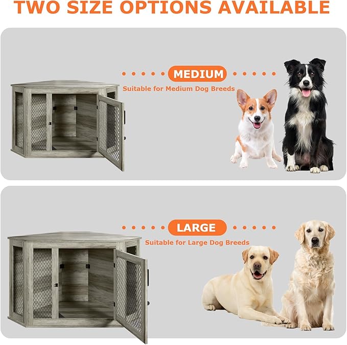 Coner Dog Crate Furniture, 52" Wooden Dog Kennel Furniture End Table with Mesh, Dog Kennel Indoor Furniture for Small Medium Large Dogs, Modern Decorative Wood Pet House Dog Cage Crate, Grey