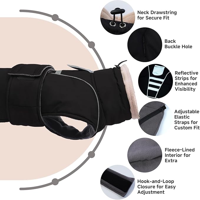 Dog Winter Coat for Small to Large Dogs(XS-XXXL)– Waterproof Windproof Fleece Lined Jacket with Reflective Trim,Pet Vest with Adjustable Buckles, Machine Washable Black 3XL