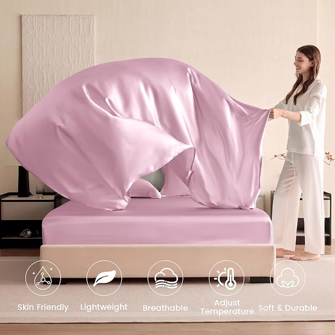 THXSILK Silk Sheet Set 4Pcs, 6A+ Top Grade 100% Natural Mulberry Silk Bed Sheets, Luxury Bedding Sets Ultra Soft Durable, 1 Fitted Sheet, 1 Flat Sheet and 2 Pillow Shams (Cal. King, Lavender)