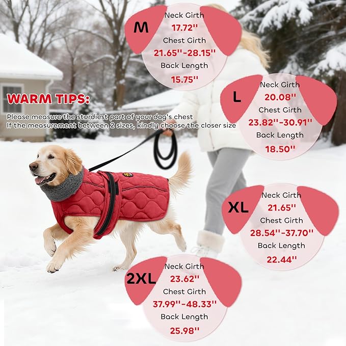 Dog Winter Jacket, Adjustable Water-Resistant Dog Warm Coat with Fleece Lining, Windproof Cold Weather Coats for Winter, Reflective Snow Jacket for Labrador Golden Retriever, NewRed XL