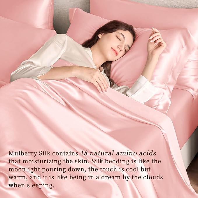 THXSILK Silk Sheet Set 4Pcs, 6A+ Top Grade 100% Natural Mulberry Silk Bed Sheets, Soft Durable Bedding Sets Safe Material, 1 Fitted Sheet, 1 Flat Sheet and 2 Pillow Shams (Cal. King, Charming Pink)