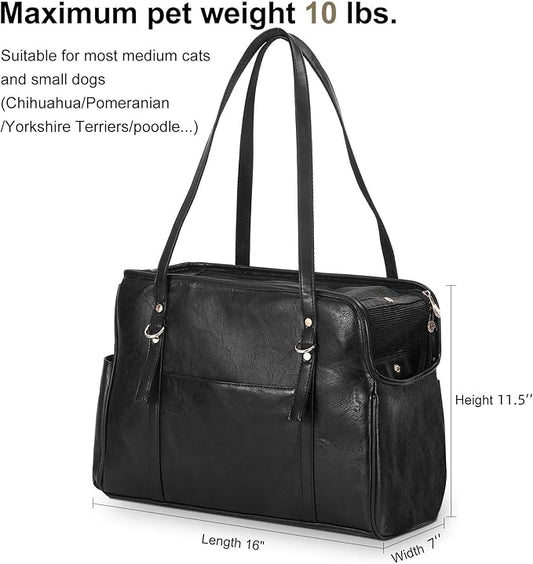 Dog Carrier Purse, Fashion Leather Pet Carrier with Pockets, Airline Approved Soft Sided Dog Carrying Bag for Puppy Cat Dog Black