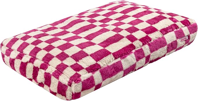 DBD3001H-M Mabel 35" x 23" Designer Modern Ultra Soft Reversible Plush Rectangular Pet Bed with Washable Cover, Raspberry Check