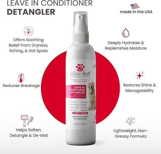 Lillian Ruff Leave-in Dog Conditioner & Detangler Spray - pH Balanced After-Bath No Rinse Dog Conditioning Spray - Silky Shine Spray for Dry Skin, Itch Relief, Detangling & Dematting (8oz/Brush)