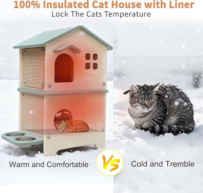 Rockever Outdoor Cat House with Insulated Liner, 100% Insulated Cat Houses for Winter Outside, 2 Story Waterproof Cat House For Outdoor Cats, Sturdy Stainless Steel Bowl & Scratching Post,Clean Easily