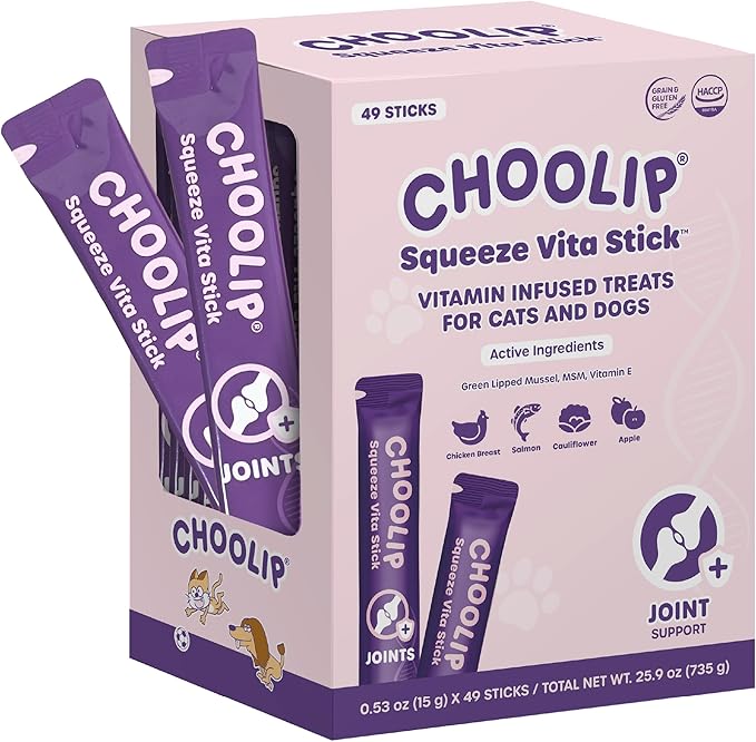 Choolip Squeeze Vita Stick Lickable Cat Treats & Dog Puree – 49-Count Joint Support Tubes, Creamy Grain-Free High-Protein Puree with MSM, Glucosamine & Green Lipped Mussel for Joint & Mobility Health