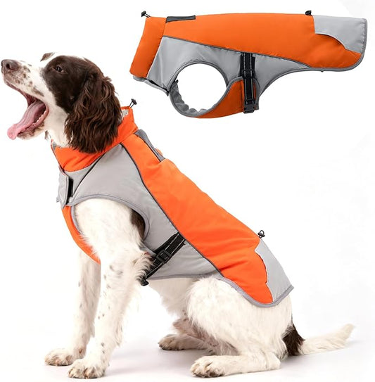 Dog Winter Coat - Waterproof Cold Weather Coat with Thick Padding, Windproof Dog's Snow Jacket with Neck & Tail Drawstrings, Reflective Dog Jacket - Medium Pet Coats, Orange & Gray L