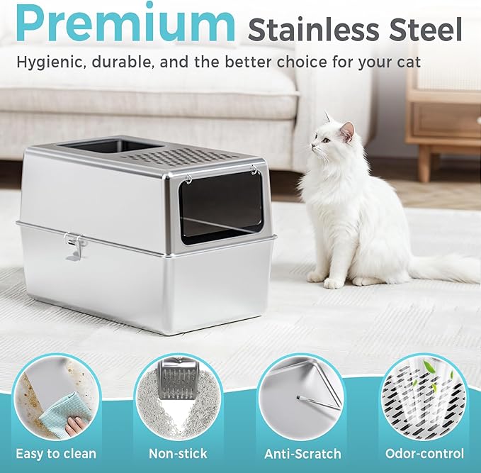 Petinstinct Extra Large Enclosed Stainless Steel Litter Box with Lid, 23.6"x17.7"x15.7" High Sided Metal Cat Litter Box for Indoor Cats, Covered Dog Proof Kitty Litter Pan, Odor Free, Non Sticky, XL