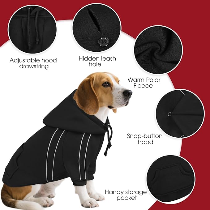 ASENKU Cozy Dog Hoodie，Soft Sweater with Adjustable Hood, Back Pocket and Leash Access Hole，Warm Reflective Sweatshirt for Cold Weather（Black，XL