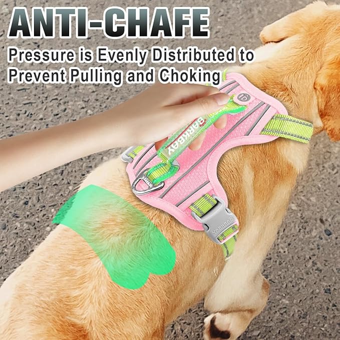 BARKBAY No Pull Dog Harness Large Reflective Dog Harness with Front Clip and Easy Control Handle for Walking Training Running with ID tag Pocket(Baby Pink & Sunlight,XL)