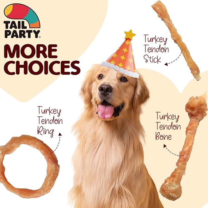 TailParty Turkey Tendons for Dogs with Fish Oil & Taurine: 1 lb Dog Healthy Treats, All Natural Dental Chew Rings, Long-Lasting Training-Reward Snacks for Health-Conscious Pet Owners