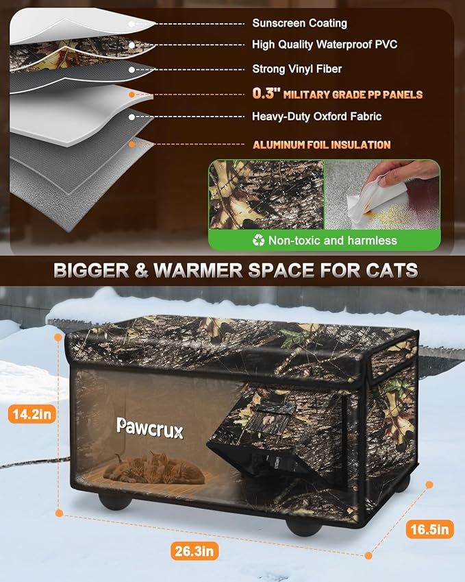 Heated Cat House for Outside with Dual Doors, Insulated Cat House Outdoor with Heating Pad, Weatherproof Heated Outdoor Cats Houses Waterrproof for Feral Cats (Leaf, 25" L x 16" W x 13" H)