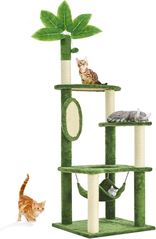 61 Inches Cat Tree Tower with Hammock, Tall Cat Tree with Scratching Post, Green Cat Shaped Design Tree for Indoor Large Cat, Large Cat Furniture with Pompoms for Living Room, Bed Room