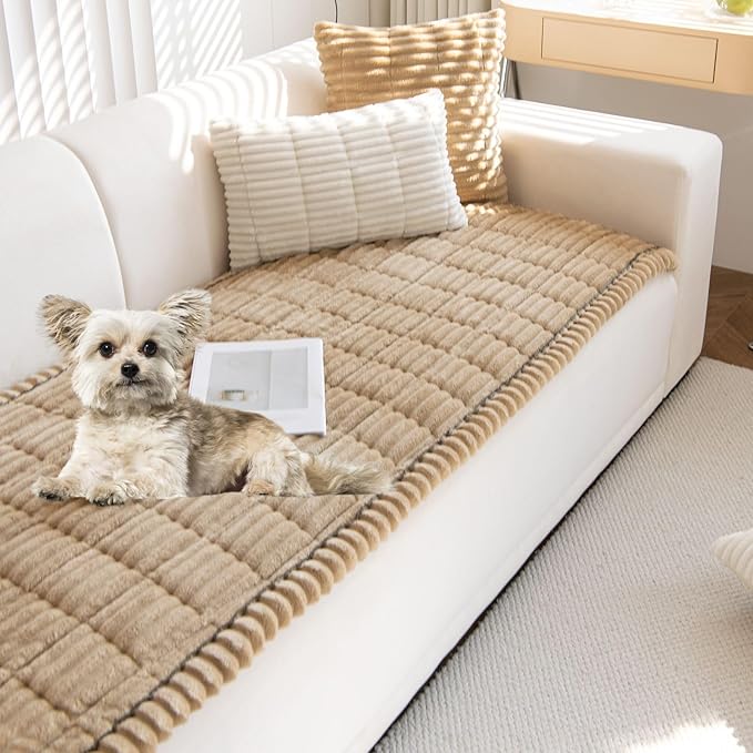 Faux Fur Plush Dog Couch Cover 3D Stripe Fuzzy Sofa Cover Non-Slip Fluffy Dog Bed Cover Pet Blanket Sofa Couch Furniture Protector for Puppy Large Dog Cat (Coffee,24"x24")