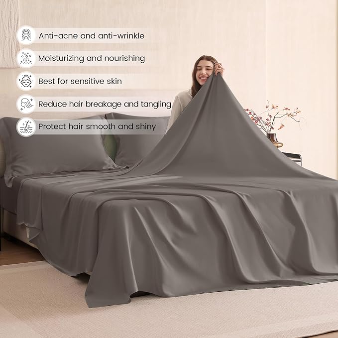 THXSILK Silk Sheet Set 4Pcs, 6A+ Top Grade 100% Natural Mulberry Silk Bed Sheets, Luxury Bedding Sets Ultra Soft Durable, 1 Fitted Sheet, 1 Flat Sheet and 2 Pillow Shams (Cal. King, Charcoal)