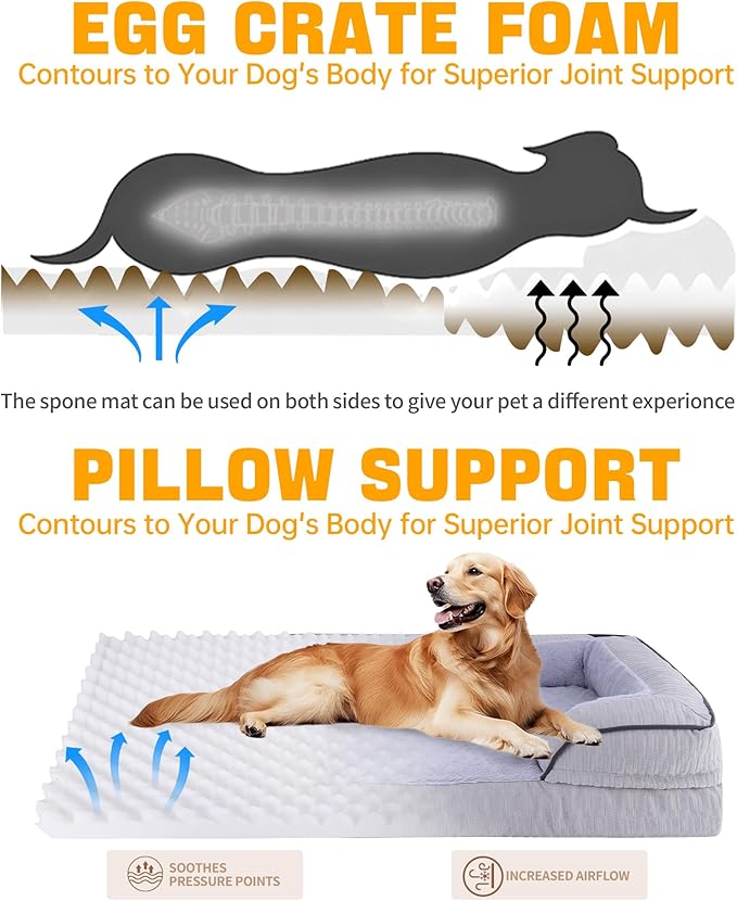Orthopedic Dog Bed for Large Dogs, 35x25 Inch Waterproof Egg Crate Memory Foam Dogs Bed with Detachable Top, Dog Couch with Zipper Washable Cover, Nonslip Bottom for Living Room, Dark Grey