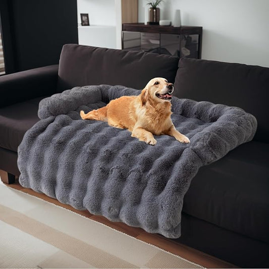 LiveGo Fuzzy Calming Dog Sofa Bed Mat, Washable Plush Couch Cover for Pets, Furniture Protector with Anti-Slip Bottom (Gray, 35.4"*35.4")