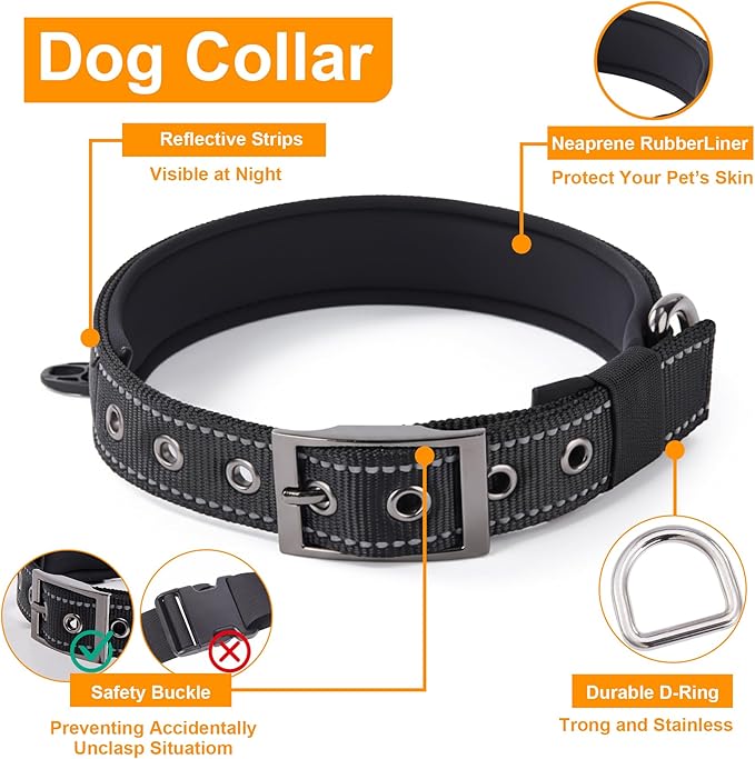 Annchwool No Pull Dog Harness, Collar & Leash Set|Reflective Dog Harness+Heavy Duty Dog Collar+Dog Leash with Double Handle & Car Seatbelt Clip|Easy for Walking Medium Large Size Dogs(Black,XL)