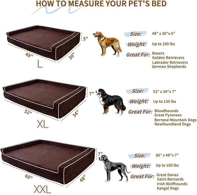 Orthopedic Foam Dog Beds for XL Dogs Up to 130 lbs, XL Dog Couch with Bolster, Washable Pet Bed Sofa with Removable All-Over Water-Resistant Cover & Non-Slip Bottom(X-Large, Chocolate)