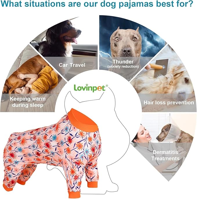 LovinPet Large Dog Clothes Female, Long Sleeve Shirt for Dogs, Anti Licking Dog Pajamas,Stretchy Comfy Fabric, Wildflowers Flame Print, Pajamas for Pitbulls, Onesies for Dogs, Pitbull Clothes, Large