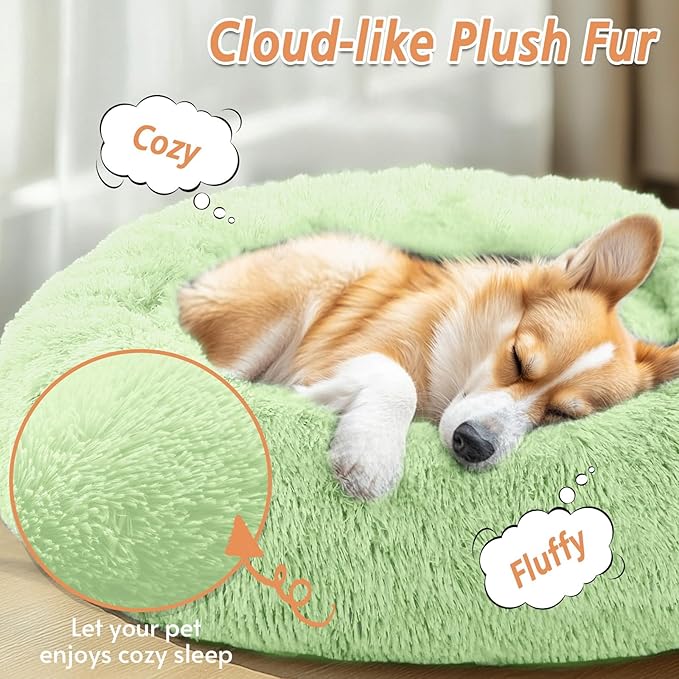 JOLLYVOGUE Small Dog & Cat Beds for Indoor Cats, Donut Cuddler Warming Soft Dog Beds with Anti-Slip Bottom, Round Calming Fluffy Plush Faux Fur Cushion Bed for Medium Dogs (31", Light Green)
