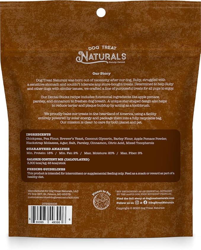 Dog Treat Naturals Dental Chew Sticks | Helps Clean Teeth and Easy to Digest Dog Treats | Dog Breath Freshener | Made with Chickpea & Cinnamon| Made in USA (20 Sticks)