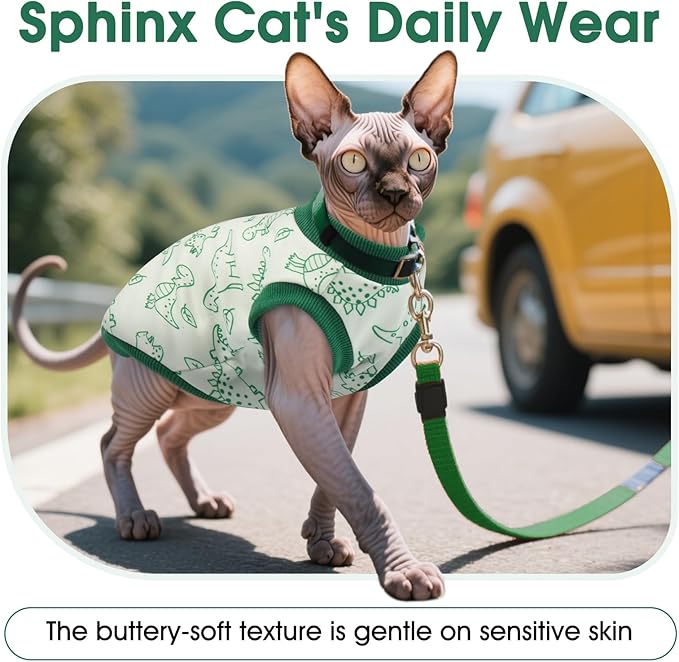 DENTRUN Sleeveless Cat Vest with Dinosaur Print, Breathable Ultra-Soft Dralon Fleece Cat Sweater, All-Season Pet Costume Apparel for Cats, Kitten Clothing for Indoor/Outdoor, Green, XL