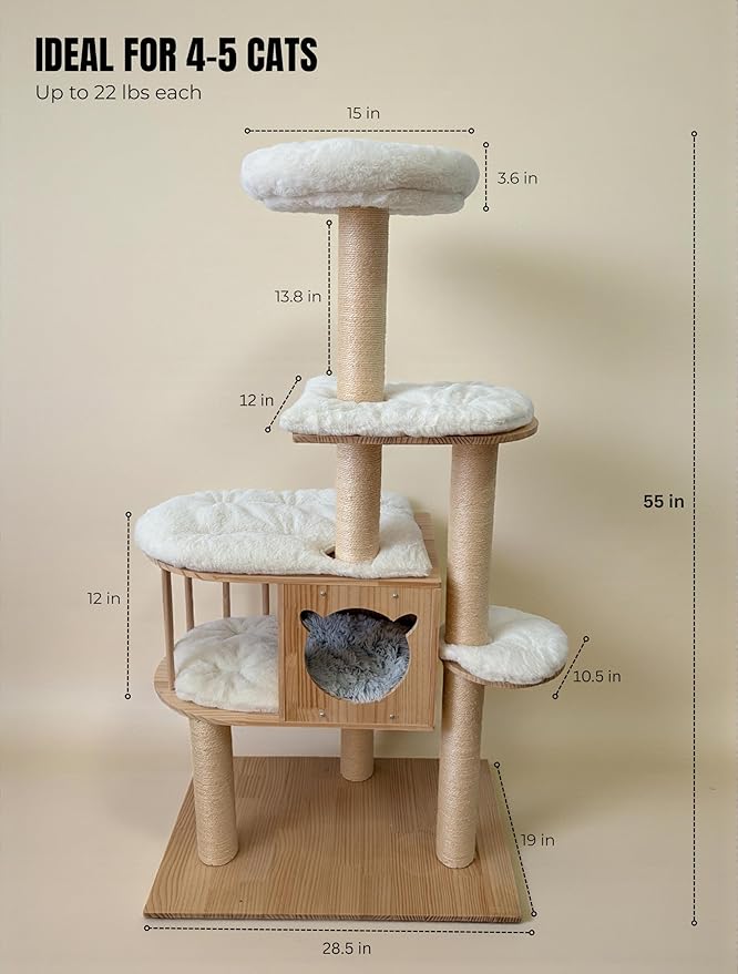 Multi-Level Pine Wood Cat Tree Tower for Indoor Large Cats – Solid Cat Condo House with Plush Beds - Sisal Scratching Posts – Sturdy Cat Furniture, 55", White
