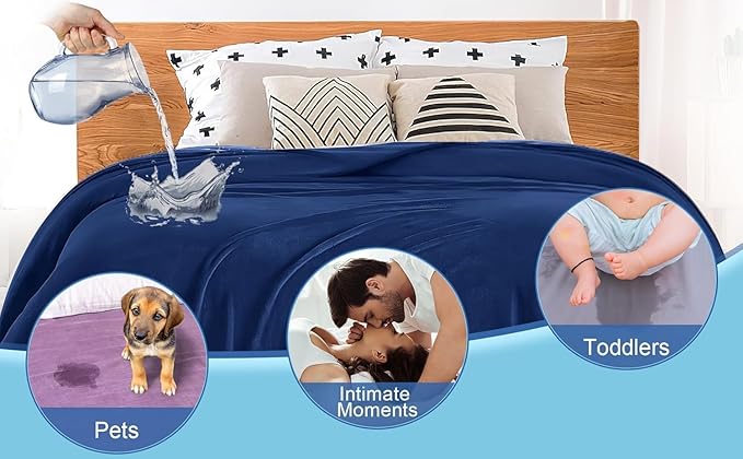 Waterproof Blanket for Bed, Couch, Kids & Pets Protection – Splash-Proof, Spill-Proof, Leakproof Flannel Blanket Reversible Design (Navy Blue & Abyss Green, 60x80)