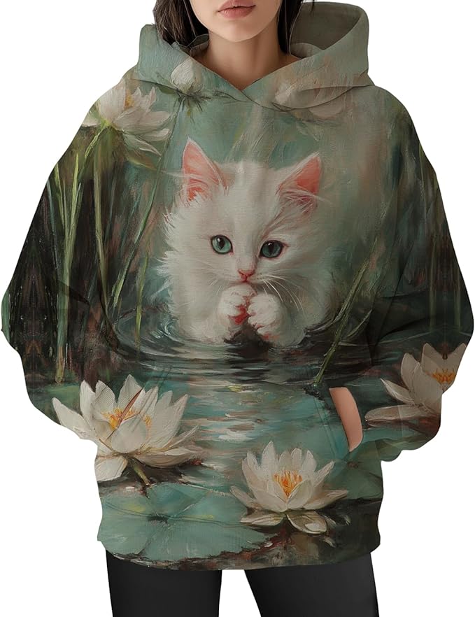 Womens Funny Cat Hoodies Oversized Graphic Hooded Sweatshirt for Women Fall Plus Size Pullover Hoodie Y2K