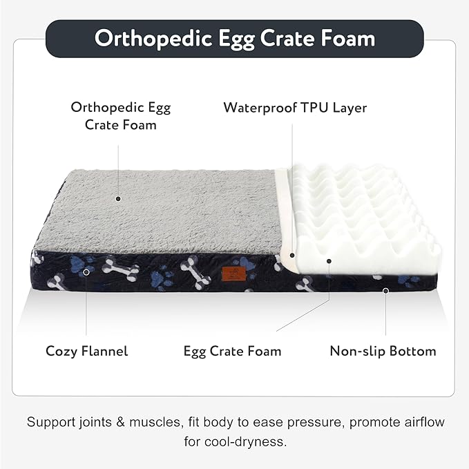 Waterproof Orthopedic Dog Bed for Large Medium Sized Dogs 35x22 Inch - Egg Crate Foam Pet Crate Bed with Removable Washable Cover, Plush Top Anti-Slip Bed Mat, Navy