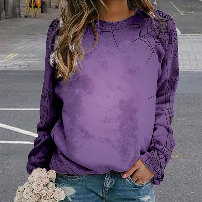 MARSVOVO Fall Sweatshirt for Women Novelty Spider Web Shirt Dressy Casual Crewneck Tunic Tops Spring Graphic Pullover