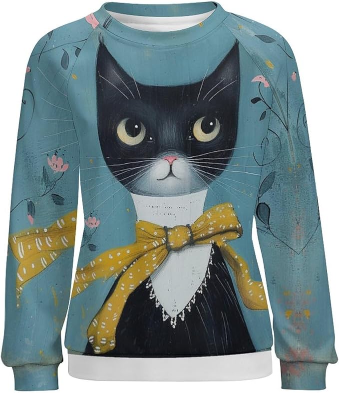 Biacolum Long Sleeve Shirts for Women Mid Century Retro Style Atomic Cat 3D Graphic Sweatshirts Fall Crewneck Pullover Top