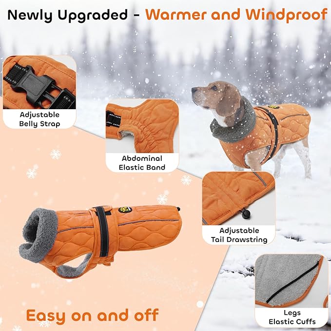 Dog Winter Jacket, Adjustable Water-Resistant Dog Warm Coat with Fleece Lining, Windproof Cold Weather Coats for Winter, Reflective Snow Jacket for Labrador Golden Retriever, NewOrange XL