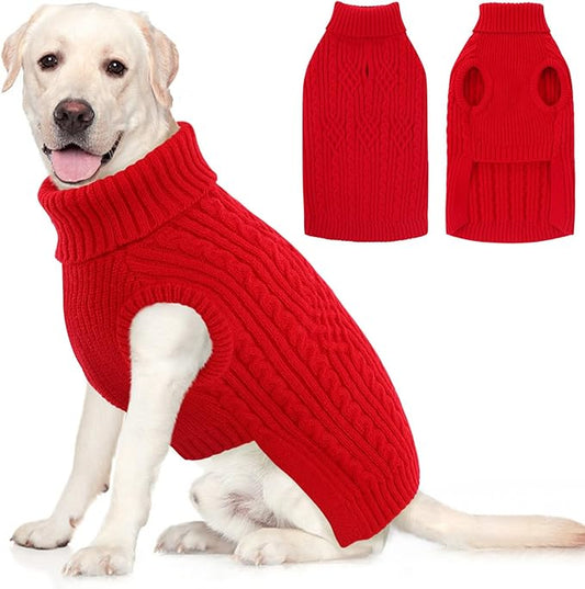 AOFITEE Large Dog Sweater, Turtleneck XXL Dog Sweater for Fall Winter, Stretchy Knitwear Christmas Dogs Sweaters, Pet Knitted Pullover with Harness Hole for Pitbull, Golden Retriever, Labrador Red 2XL