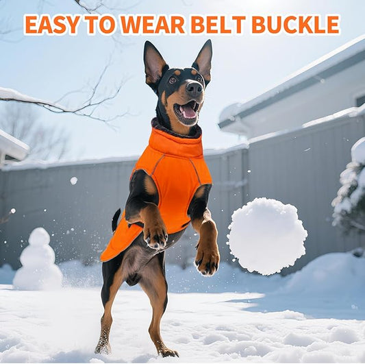 DENTRUN Winter Warm Dog Coat Reflective Jacket with Turtleneck for Cold Weather, Adjustable Buckle Windproof Water Repellent, Thick Snowsuit Fleece Vest for Small, Medium, Large Dogs, Orange, XXL
