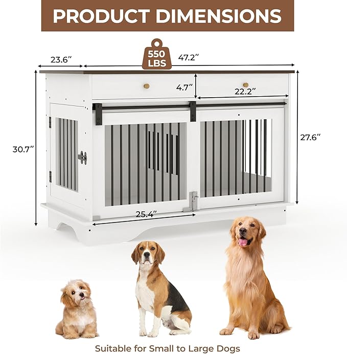 Large Dog Furniture Crate, 47 in Furniture Style Dog Crate with Removable Divier for Large/Medium/Small Dogs，White&Brown