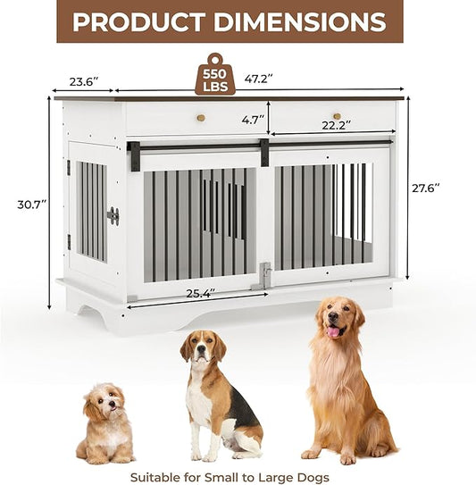 Large Dog Furniture Crate, 47 in Furniture Style Dog Crate with Removable Divier for Large/Medium/Small Dogs，White&Brown
