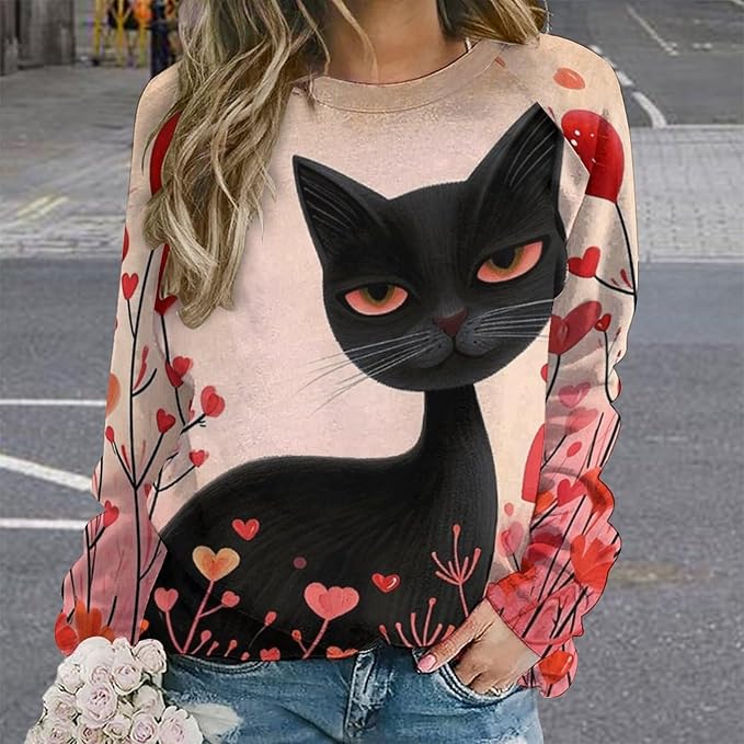 Biacolum Long Sleeve Shirts for Women Mid Century Retro Style Atomic Cat 3D Graphic Sweatshirts Fall Crewneck Pullover Top