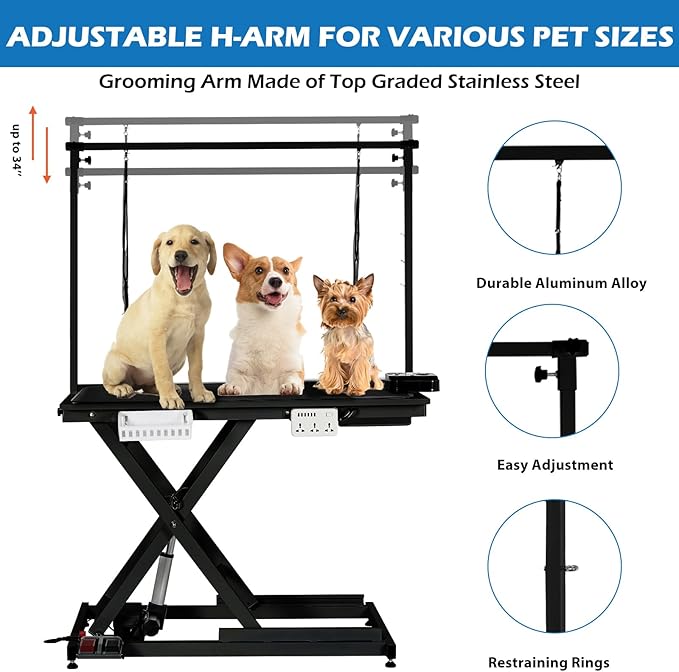 50" Large Dog Grooming Table, Heavy Duty Hydraulic Lift Dog Grooming Table with Aluminium Overhead Arm, Anti Slip Tabletop, 6 Usb Ports for Home and Salon, Maximum Capacity Up to 300Lb, Black