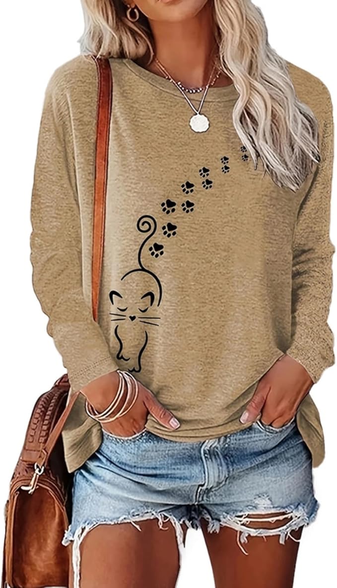 Women's Long Sleeve tees Cat Mom Graphic Tee Shirts Womens Graphic t Shirts Pullover Tops