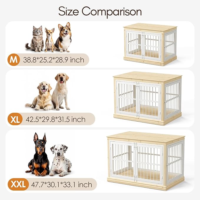 48 in Solid Wood Dog Furniture Crate for Dogs-Large Dog Crate Sideboard and TV Stand, Large, Wood Dog Crate Kennel-(White+Natural)