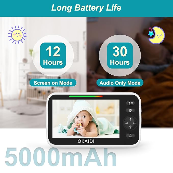 OKAIDI 720P HD Baby Monitor, 5 Inch Baby Monitor with Camera and Audio, 5000mAh Battery, Remote Pan-Tilt, 3X Zoom, 1000ft Baby Monitor NO WiFi, Night Vision, 2-Way Talk, Temperature, Lullabies