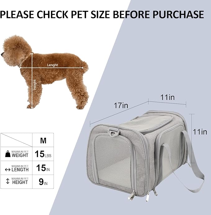 Henkelion Cat Carriers Dog Carrier Pet Carrier for Small/Medium Cats Dogs Puppies (Up to 15lbs), TSA Airline Approved Small Dog Carrier Soft Sided, Collapsible Waterproof Travel Puppy Carrier - Grey